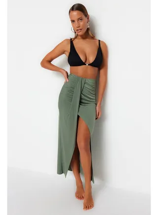 Khaki Fitted Maxi Woven Slit Skirt TBESS23ET00021 