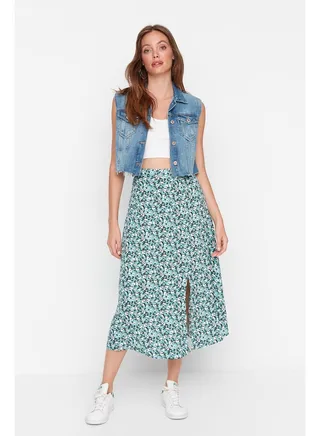 Green Slit Detail Floral Patterned Viscose Woven Midi Skirt TWOSS20ET0230 