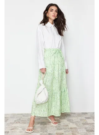 Green Floral Woven Flared Skirt TCTSS24EE00009 