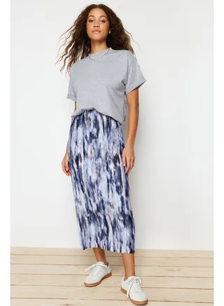 Blue Printed Pleat Maxi Knitted Skirt TWOSS24ET00055 