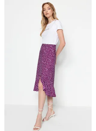 Purple Printed High Waist Midi Elastic Knitted Skirt with Ruffles and Ruffles TWOSS21ET0029 