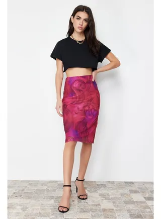 Premium Fuchsia Printed Tulle High Waist Lined Midi Knitted Skirt TWOSS23ET00206 