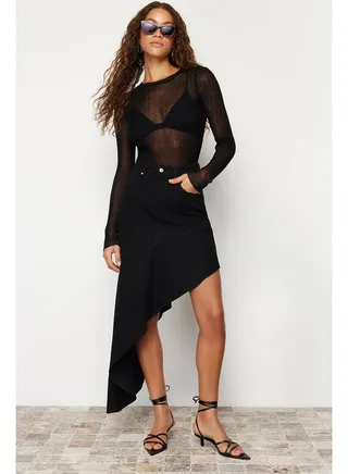 Black Asymmetrical High Waist Maxi Denim Skirt TWOSS24ET00096 