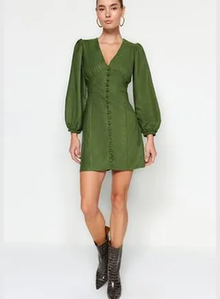 Green V-Neck Woven Woven Dress with Balloon Sleeves TWOAW24EL00583