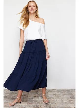 Navy Blue Flared Maxi Length Woven Skirt with Gather Detail at Waist TWOSS24ET00098 