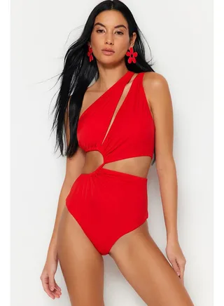 Red One-Shoulder Tunnel Swimsuit TBESS23MA00206 