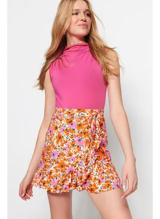 Orange Printed Ruffle High Waist Mini Stretch Knitted Skirt TWOSS21ET0010 