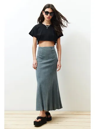 Anthracite Faded Effect Stitching Detailed Maxi Flexible Skirt TWOSS24ET00089 