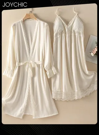 2-piece of Sleepwear for Women Spring and Summer Autumn Ice Silk Mid-length Long-sleeved Sleep Robes+ Night Dress with Breast Pads V-neck Breathable Nightgown White 
