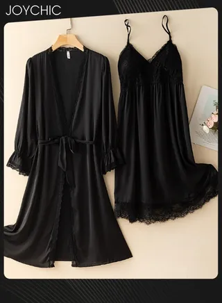 2-piece of Pajamas for Women Spring and Summer Autumn Ice Silk Mid-length Long-sleeved Sleep Robes+ Night Dress with Breast Pads V-neck Breathable Nightgown Black 