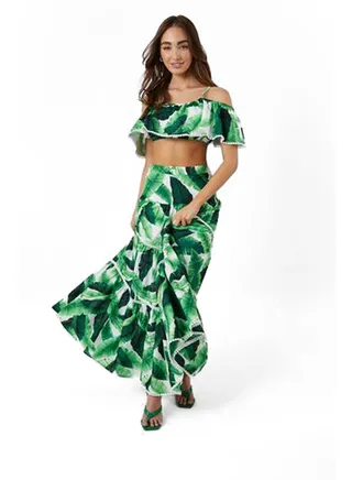 Tiered Tropical Leaf Maxi Skirt 