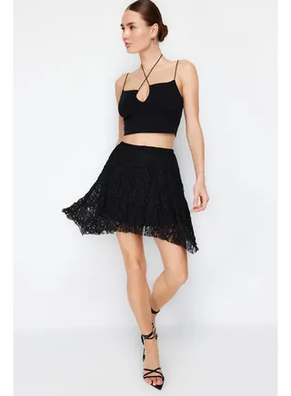 Black Asymmetric High Waist Lace Mini Knitted Skirt TWOSS24ET00087 