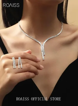 3 Pcs Zircon Necklace Earrings Set Ear Drop Dangle Diamond Bridal Dress Accessories for Women Silver/Clear 
