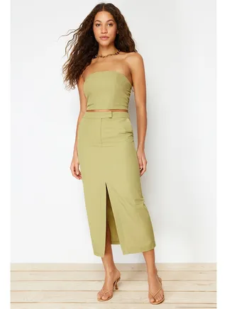 Khaki Premium Straight Front Slit Midi Woven Skirt TWOSS24ET00071 