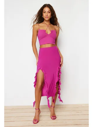 Fuchsia Slit and Ruffle Detail Maxi Skirt TWOSS24ET00066 