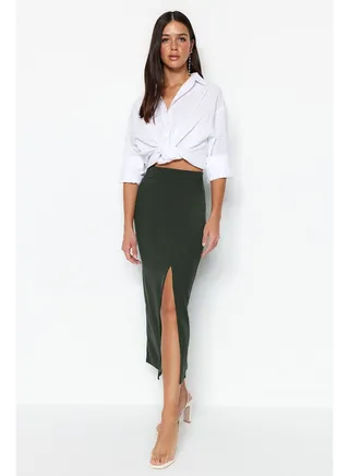 Khaki Smart Crepe Maxi High Waist Elastic Knitted Skirt With Slit Detail TWOSS23ET00351 