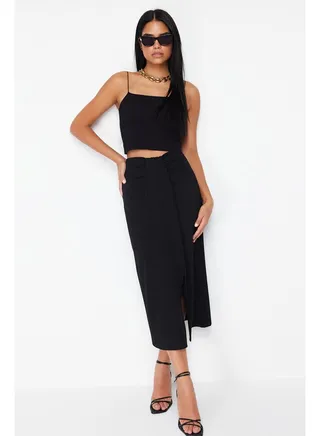 Black Gathered Detail Elastic Midi Skirt TWOSS24ET00088 