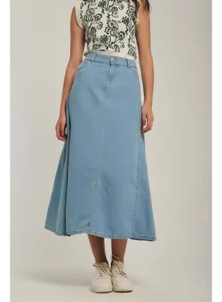 Fancy A Line Midi Denim Skirt With Cutlines 