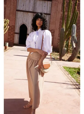 Beige High Waisted Gathered Long Woven Skirt TCTSS24EE00001 