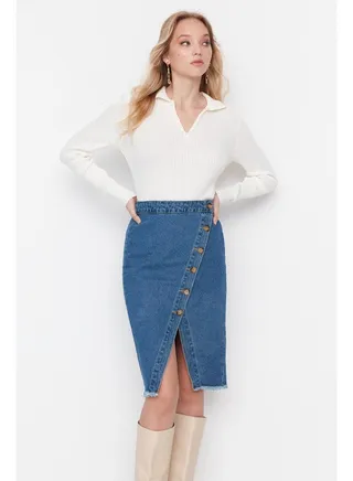 Blue Button Detailed Slit Midi Denim Skirt TWOSS20ET0494 