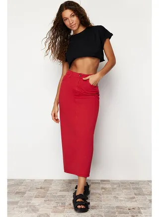 Red Slit Maxi Denim Skirt TWOSS24ET00085 