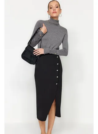 Black Smart Crepe Button Detailed High Waist Midi Pencil Stretch Knitted Skirt TWOSS23ET00320 