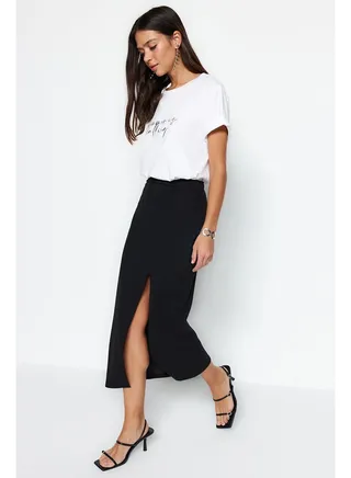 Black Smart Crepe With Slit Detail Maxi High Waist Elastic Knitted Skirt TWOSS23ET00351 