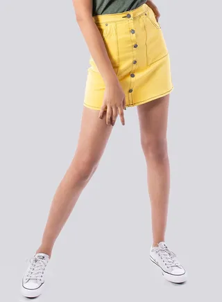 Petite Button Front Denim Mini Skirt Yellow 