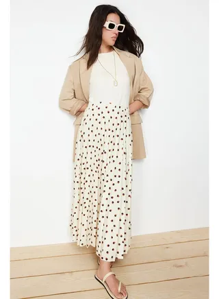 Ecru Lined Polka Dot Pleated Woven Skirt 