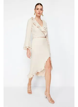 Beige Skirt Frilly Midi Length Woven Skirt TWOSS24ET00067 