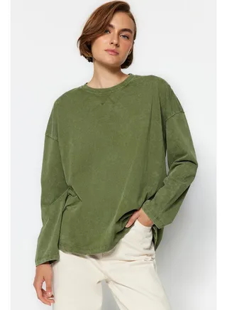 Khaki Worn/Faded Effect Relaxed/Comfortable fit Crew Neck Long Sleeve Knitted T-Shirt TWOAW24TS00006. 