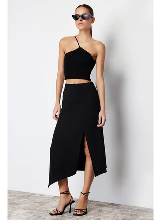Black Asymmetric Cut Out and Slit Detail Maxi Skirt TWOSS24ET00043 