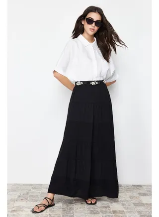 Black Basic Lined Woven Skirt TCTSS24EE00003 