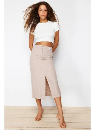 Beige Striped Slit Detailed A-line Midi Length Woven Skirt TWOSS24ET00100 