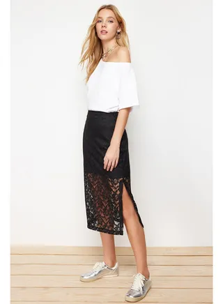 Black Lining Detailed Lace Midi Length Woven Skirt TWOSS24ET00099 