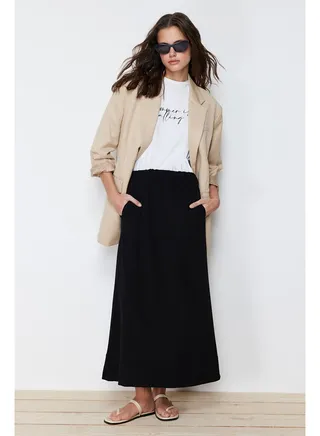 Black Elastic Waist Plain Knitted Skirt TCTSS24EE00006 