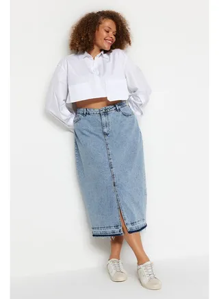 Blue Front Slit Denim Skirt TBBSS23AZ00054 