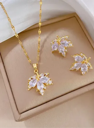 Elegant Stainless Steel Gold Plated Necklace & Earrings Jewellery Set For Women 