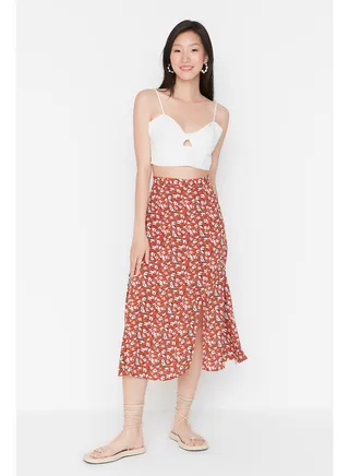 Tile Slit Detail Floral Patterned Viscose Midi Skirt TWOSS20ET0230 