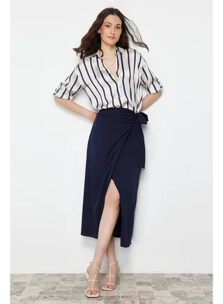 Navy Blue Double Breasted Tie Detailed Maxi Length Woven Skirt TWOSS24ET00112 