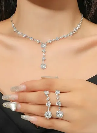 5 Pcs Rhinestone Necklace Bracelet Ring Earrings Floral Drop Dangle Set Flash Diamond Fashion Bridal Evening Dress Accessories for Women Silver/Clear 