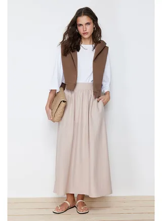 Beige Plain Flared Woven Skirt TCTSS24EE00004 