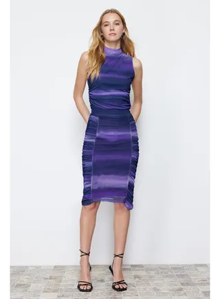 Purple Tulle Gathered Midi Stretch Knitted Skirt TWOSS24ET00038 