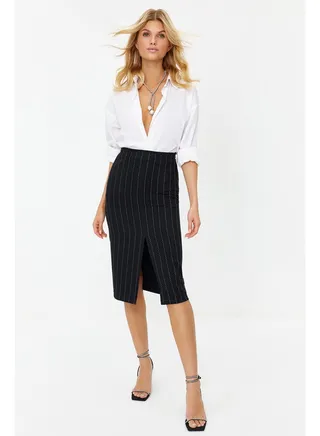 Black Fitted Woven Shiny Stone Skirt TPRSS24ET00002 