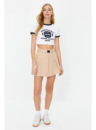 Beige Belted Pleated High Waist Mini Denim Skirt TWOSS24ET00078 