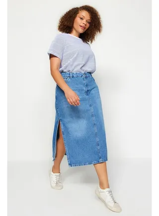 Blue Slit Midi Denim Skirt TBBSS23AZ00055 