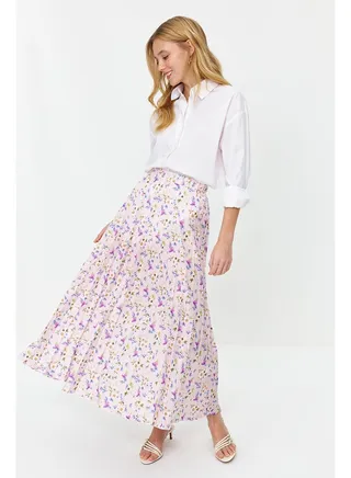 Powder Flower Patterned Pleated Woven Skirt with Elastic Waist TCTSS23EE00018 