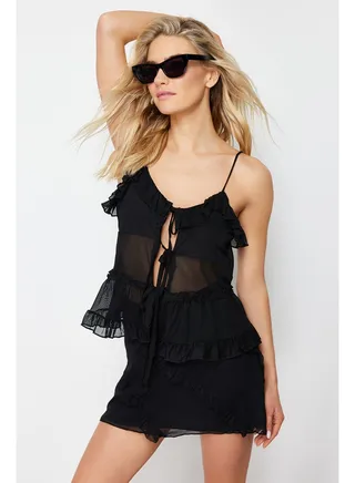 Black Chiffon Fabric Ruffle Detailed Mini Length Woven Skirt 