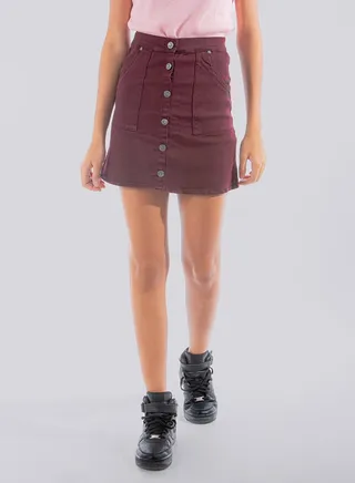 Petite Button Front Denim Mini Skirt Maroon 