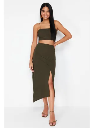 Khaki Asymmetric Cut and Slit Detailed Maxi Skirt TWOSS24ET00043 